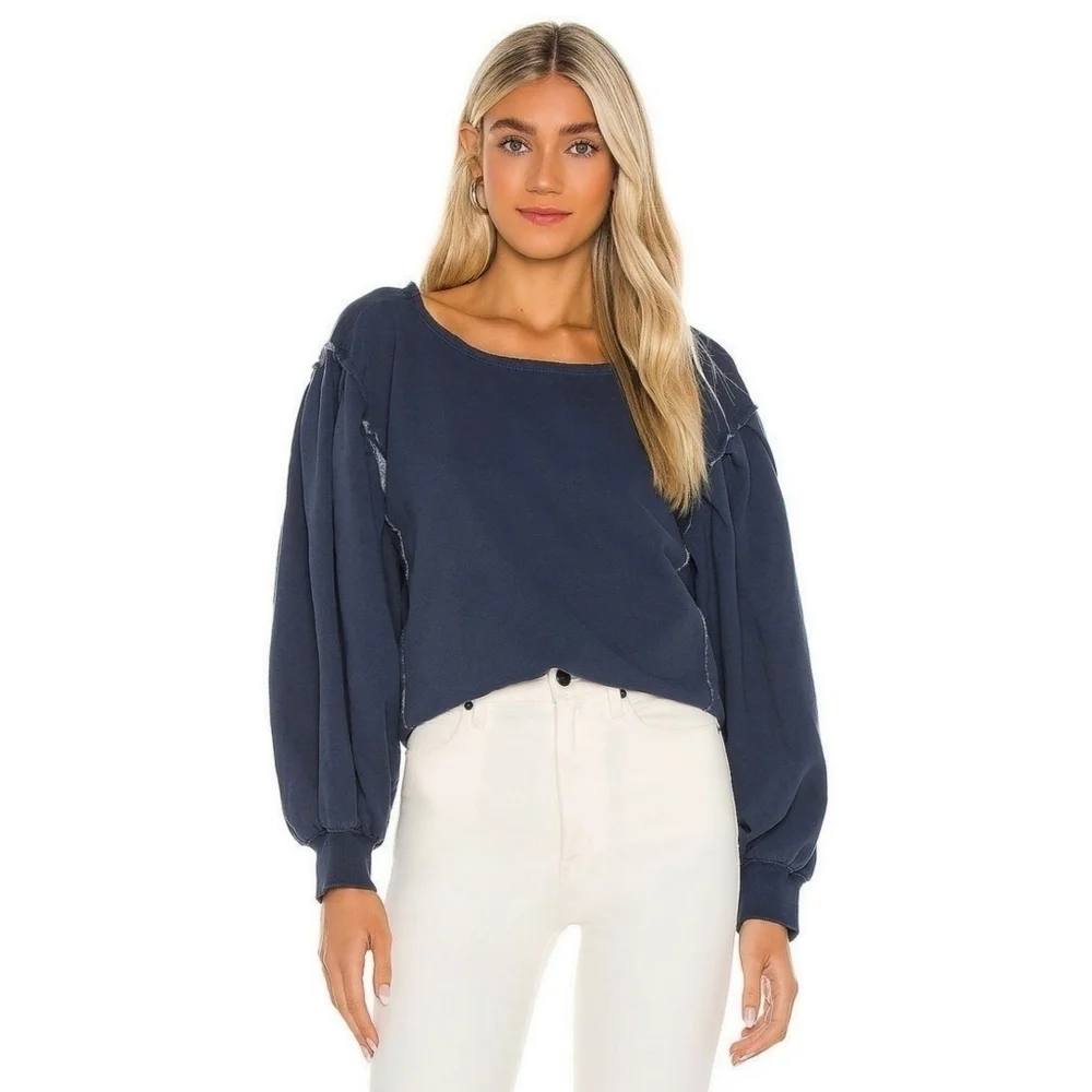 Free People We The Free Rosey Navy Blue Distressed Fleece Oversized Sweatshirt
